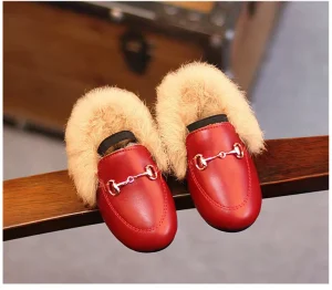 Toddler Little Kids Dress Shoes Velour with Fur Girls Boys Loafers Leather Warm Dress Shoes for Girls Fuzzy Loafers
