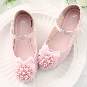 Toddlers Girls Shoes Kids Flats Princess With Flowers Soft Glitter Leather Children’s Party Wedding Shoes Floral 25-36