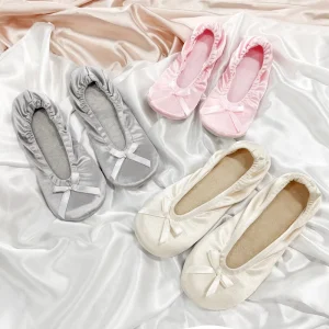 Toweling Insole Ballerina Folding Shoes Satin Fabric Disposable Japanese Ballet Style Pigskin Bottom Ballet Home Shoes