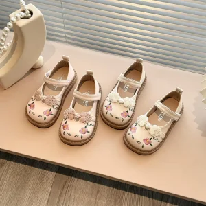Traditional style Girls Princess Shoes Fashion Velcro Children’s White Dress Shoes Floral Design Kids Wedding Footwear