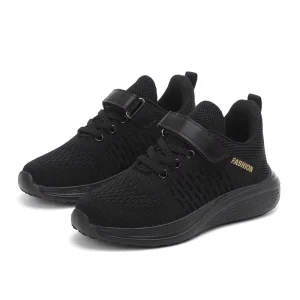Trending Kids Black Knit Sneakers Breathable Mesh Hook & Loop Strap Non Slip Sole Kids Athletic School Shoes