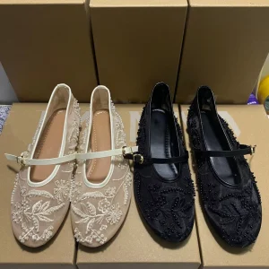 Trendy Floral Embroidered Mesh Mary Jane Shoes Women Luxury Pearl Ballet Flats Elegant Breathable Wedding Party Shoes