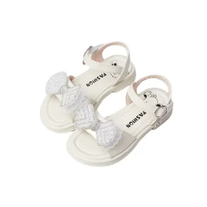 Trendy Girl Princess Shoes Children’s Summer PU Slip-On Beach Sandals with Rhinestones Bow and Soft Bottom for Kids