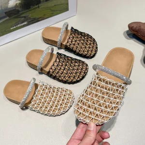 Trendy Mesh Flat Children’s Slippers Knit Woven Net Non-Slip Summer Ladies Breathable Slippers for Girl