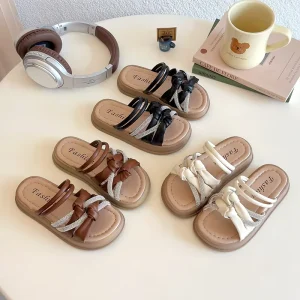 Trendy Sparkle Thin Strap Girls Sandals Soft Comfort Slip On Summer Beach Holiday Indoor Home Kids Shoes