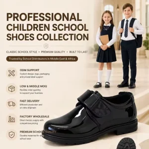 Trendy Unisex Kids School Shoes Anti Slip Soft Cushioning Breathable Black Glossy Leather Hook and Loop All Year Round Footwear