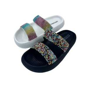 Two-Strap Gradient Rhinestone Upper EVA Eco-friendly Thick Sole Kids Flat Slippers for Home and Outdoor Use