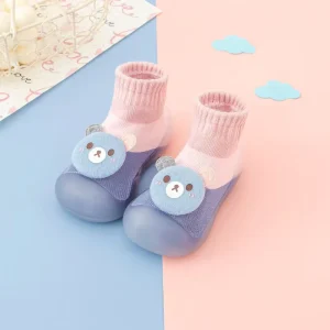 Two Tone Bear Patch Baby Sock Shoes Boys Girls Non-slip Dotted TPE Sole Infant Toddler Pre-Walker Cotton Knit Spring 0-24 Months