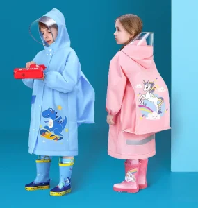 Unicorn Dinosaur Little Princess Kids Cartoon Raincoat with Brim Pink Blue Colors Waterproof Backpack Space Rain Boots