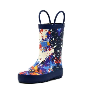Unisex Kids Abstract Graffiti Rubber Rain Boots Fully Anti Slip Toddler Rain Boots With Dual Easy Pull Handles