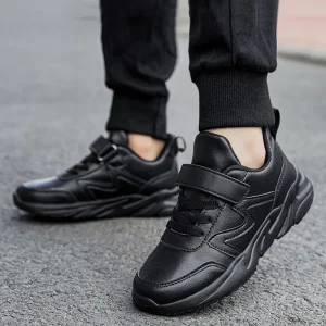 Unisex Kids All Black Sneakers Faux Leather Upper Slip On Thick Sole Non Slip Running Autumn School Sports Shoes