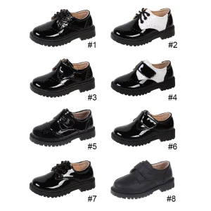 Unisex Kids Black School Shoes Casual PU Leather European Style Fit Breathable Lace Upper Material Flat Rubber