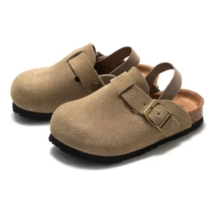 Unisex Kids Cork Sandals Genuine Leather Outdoor Beach Slippers Flat Toe Cap Nubuck Leather Slip-On