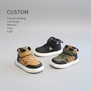 Unisex Kids High top Fashion Sneakers with Hook and Loop Strap Leather Upper Comfortable Factory Custom Design