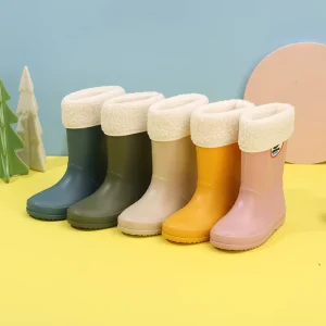 Unisex Kids Rain Boots with Winter Color Plus Fleece Middle Cut Waterproof Shoes for Girls for Summer Autumn Seasons