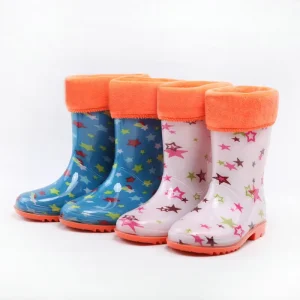 Unisex PVC Rain Boots for Kids Basic Body Removable Faux Fur Collar Waterproof Light Rain Boot Shiny Anti-Slippery Winter Season