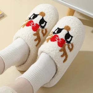 Unisex Plush Christmas Slippers Women’s Indoor Warm Anti Odor Platform Slides Light Weight Cartoon Design Winter
