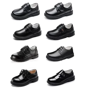 Unisex Retro Black Leather Casual Shoes Star Flat School Shoes Boys Girls Children’s Use Kids Running P02