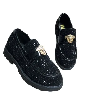 Unisex Rhinestone Loafers Korean Style Shiny Black PU Leather Children Shoes with Gold Buckle for Kids to Adults
