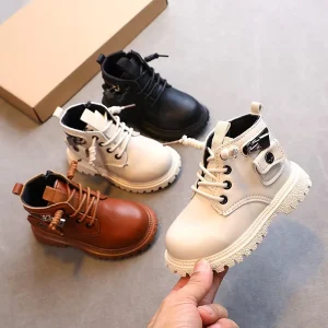 Vintage Ankle Height PU Leather Short Boots for Boys Girls Single Soft Sole Autumn Winter Shoes