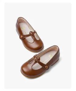 Vintage Black and Brown Leather Mary Jane T Bar Shoes for Kids Girls Summer Party Heeled School Shoes