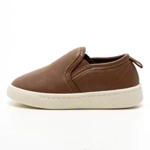 Vintage Brown Faux Leather Boys Casual Shoes Low Cut Slip on Toddlers Loafers Comfortable Molded Base Daily Wear Kids Sneakers