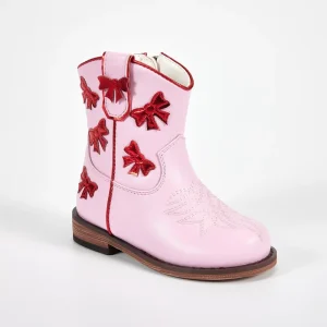 WETKISS Children Shoes Toddler Ankle Boots Round Toe Pink Cowgirl Boots Flats Kids Cowboy Boots with Bow