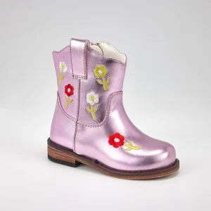 WETKISS OEM Pink Kids Shoes Toddler Ankle Boots Flat Kids Cowboy Boots Round Toe Floral Cowgirl Boots with Flowers