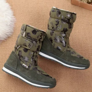 Warm Army Green Mid Calf Children’s Snow Boots Waterproof Sporty Winter Plush Upper Hook and Loop Closure Ski Ready