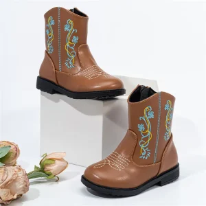 Waterproof Anti-Slip PU Formal Slip-On Flat Heel Winter Short Boots Kids Western Style Cowboy