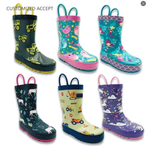 Waterproof Children Wellington Boots Toddler Gumboots Printing Rubber Kids Rain Boots With Easy-On Handles
