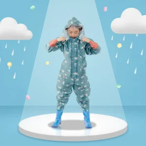 Waterproof Kids Rain Suit Lightweight One Piece Hooded Coverall Customizable Cartoon Print Toddler Boys Girls Hiking