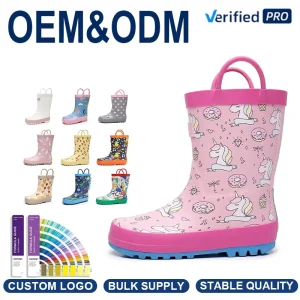 Waterproof Toddler Rain Boots with Easy On Handles Cute Printed Kids Rubber Boots for Outdoor Play and Rainy Days