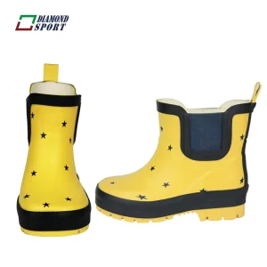 Waterproof and Thermal Fur Lining Ankle Snow Wellington Rain Boot for Kids Printing Toddler Rubber Boots for Children