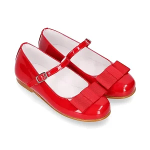 Wedding Party Kids Dress Shoes Red Girl Patent Leather Shoes with Buckle and Bow Ribbon