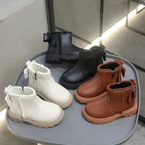 Western Design Kids Black and White Booties Bow-knot Children’s Winter Shoes Baby Footwear Ankle Boots for Small Girls