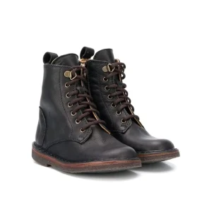 Western Style Flat Sole Black Leather Kids Combat Boots Lace up Ankle Boots for Girls