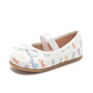 White Colorful Bow Baby Girl Ballerina Flats Toddler Mary Jane Shoes Brogue Pattern Elastic Band Closure for Spring Autumn Daily