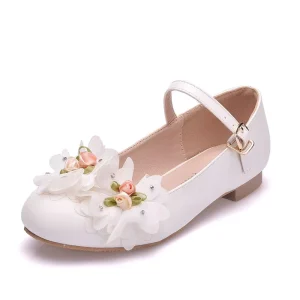 White Floral Faux Leather Breathable Comfortable Lightweight Wedding Dress Shoes for Girls Toe Flat Casual Shoes for Children’s