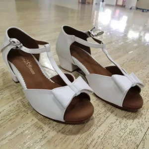 White Kid’s Latin Dance Shoes with Low Heel Genuine Leather Upper and Lining PU Insole and Suede Nosing for Salsa