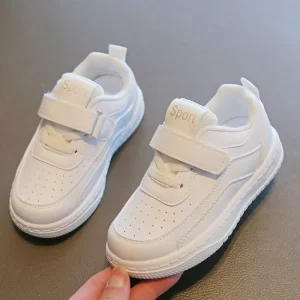 White Leather Children’s Sports Shoes with Hook and Loop Lightweight Kids Sneakers Custom
