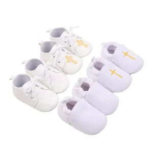 White Newborn Infant Baptism Baby Unisex Breathable Walking Shoes PU Cotton Upper