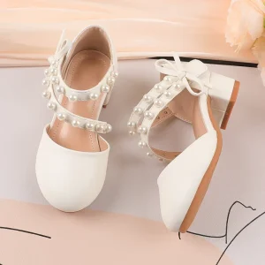 White Princess Shoes Sweet Style Children’s Formal Shoes Decorated with Pearl Bows Suitable for School Dance Classes