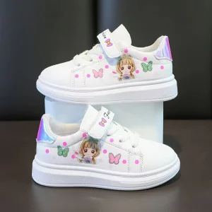 White Sneakers for Girls Breathable Kids Girls Cartoon Print Running Walking Shoes