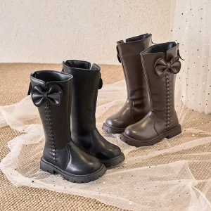 Fashion Winter Autumn Children Shoes Bow PU Leather High Boots for Girls