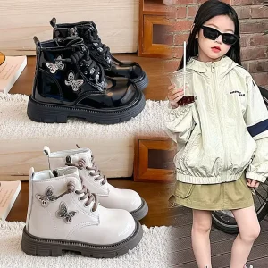 Winter Autumn Kids Casual Booties Patent Leather Butterfly Decor Princess Boots for Girls