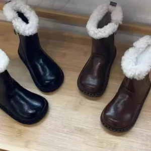 Winter Big Head Snow Boots Thick Solid Color Bottom High Barrel Bread Leather Boots Shoes