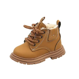 Winter Boys Ankle Boots Solid Color Boys’ Thick Warm Boot PU Leather Shoes Slip On Unisex Kids Boots