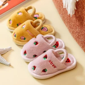 Winter Children Indoor Shoes Cotton Slippers for Kids Home Wear Cartoon Strawberries Plush Thickening Warm Flat Slippers