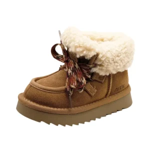 Winter Children’s Boys Girls Genuine Leather Thick Sole Warm Lace up Snow Short BootsKids Toddler Short Boots